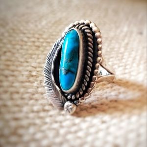 Turquoise and silver feather ring, size 5-6